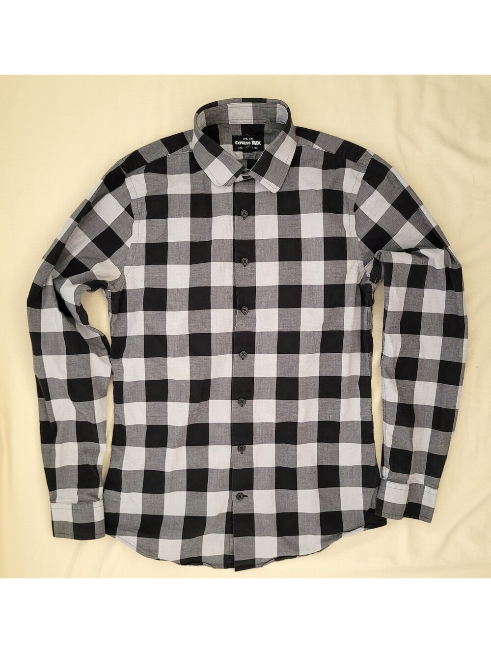 Express 1MX Men's Extra Slim Small Black & White Buffalo Plaid Button Shirt